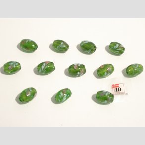 Hndlavet Glas Perle - Oval Med Guld/Blomst - Grn - 1,5cm