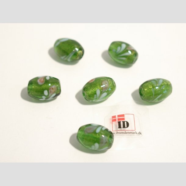 Hndlavet Glas Perle - Oval Med Guld/Blomst - Grn - 1,5cm Perle6
