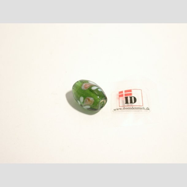 Hndlavet Glas Perle - Oval Med Guld/Blomst - Grn - 1,5cm Perle1