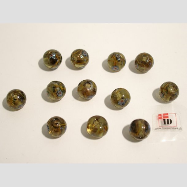 Glas Perler - Hndlavet Runde Grn Gr Med Guld Striber / Bl Blomst - 1cm
