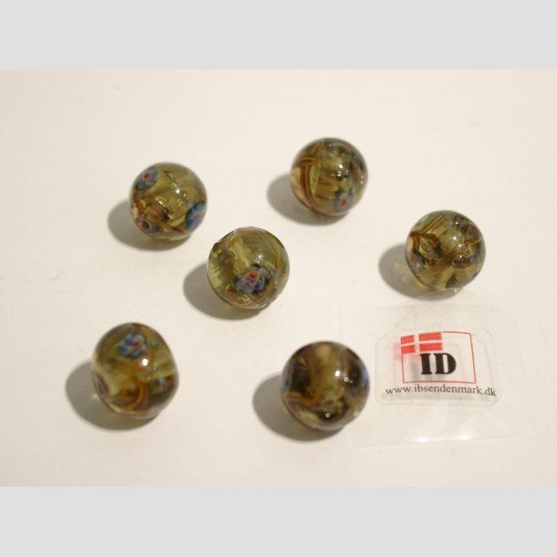 Glas Perler - Hndlavet Runde Grn Gr Med Guld Striber / Bl Blomst - 1cm Perle6