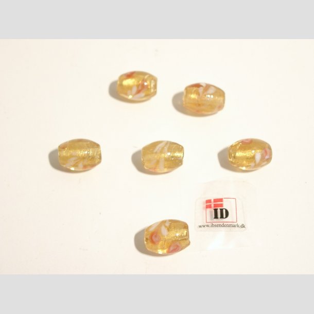 Hndlavet Glas Perle - Oval Med Guld/Blomst - Guld - 1,5cm Perle6
