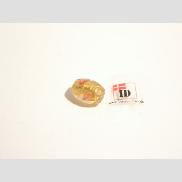 Hndlavet Glas Perle - Oval Med Guld/Blomst - Guld - 1,5cm Perle1