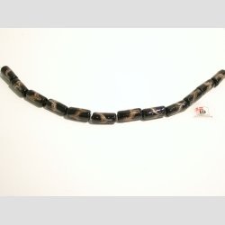 Hndlavet Glas Perle - Aflang/Rund Sort Med Guld/Hvid Strib - 2cm