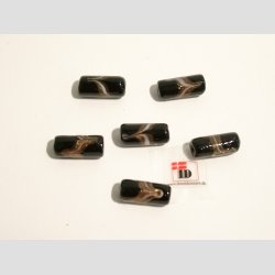 Hndlavet Glas Perle - Aflang/Rund Sort Med Guld/Hvid Strib - 2cm