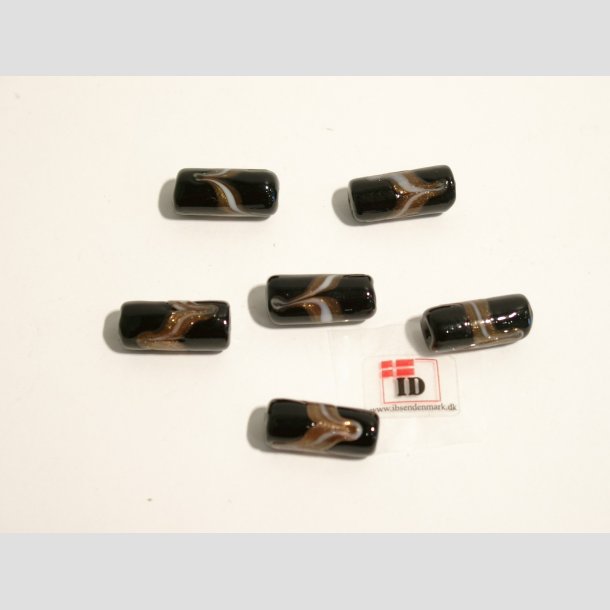 Hndlavet Glas Perle - Aflang/Rund Sort Med Guld/Hvid Strib - 2cm Perle6