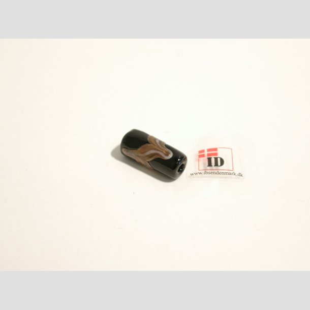 Hndlavet Glas Perle - Aflang/Rund Sort Med Guld/Hvid Strib - 2cm Perle1