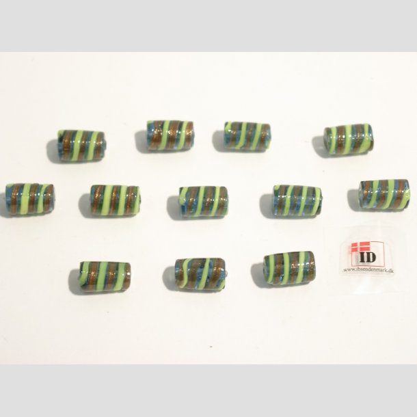 Hndlavet Glas Perle - Aflang Bl Med Guld/Gul Strib - 1,5cm