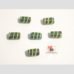 Hndlavet Glas Perle - Aflang Bl Med Guld/Gul Strib - 1,5cm