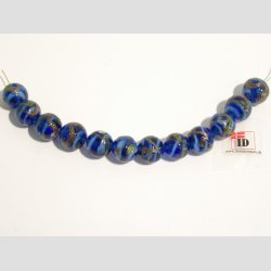 Hndlavet Glas Perle - Rund Bl Med Guld/Gul Strib - 1cm