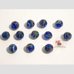 Hndlavet Glas Perle - Rund Bl Med Guld/Gul Strib - 1cm