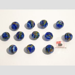 Hndlavet Glas Perle - Rund Bl Med Guld/Gul Strib - 1cm