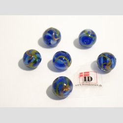 Hndlavet Glas Perle - Rund Bl Med Guld/Gul Strib - 1cm