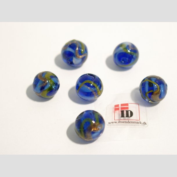 Hndlavet Glas Perle - Rund Bl Med Guld/Gul Strib - 1cm Perle6