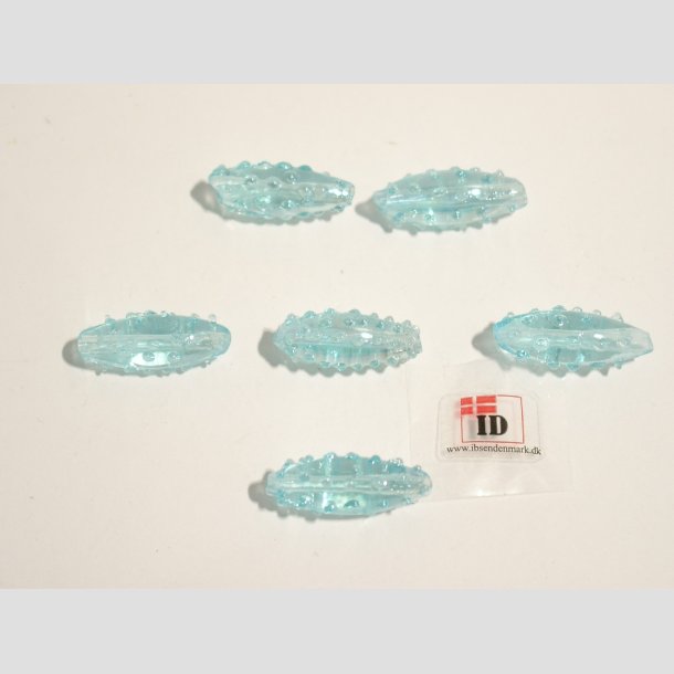 Hndlavet Glas Perle - Aflang Med Prikker - Lysebl - 2,5cm Perle6