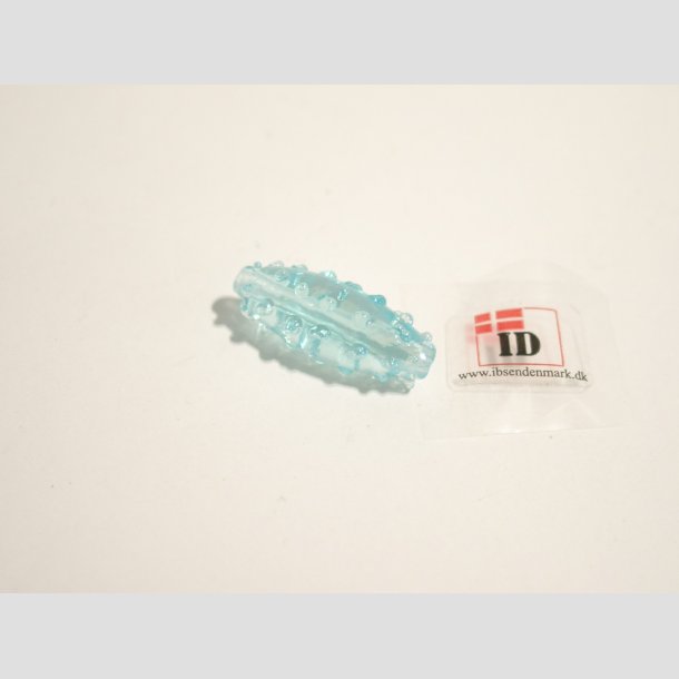 Hndlavet Glas Perle - Aflang Med Prikker - Lysebl - 2,5cm Perle1