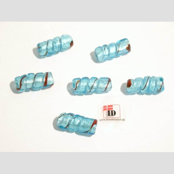 Hndlavet Glas Perle - Snoet Med Rd Strib Og Slv - Lysebl - 2,5cm Perle6