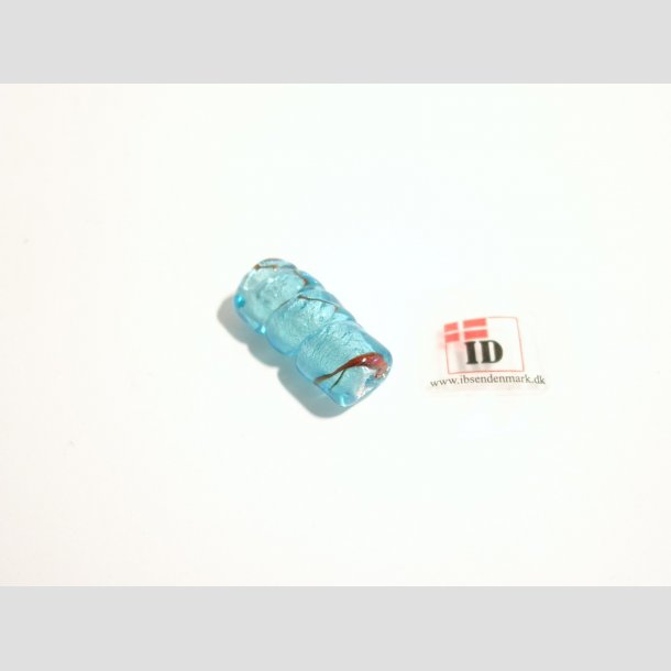 Hndlavet Glas Perle - Snoet Med Rd Strib Og Slv - Lysebl - 2,5cm Perle1