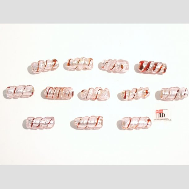 Hndlavet Glas Perle - Snoet Med Rd Strib Og Slv - Lyserd - 2,5cm