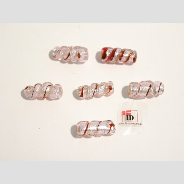 Hndlavet Glas Perle - Snoet Med Rd Strib Og Slv - Lyserd - 2,5cm Perle6