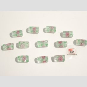 Hndlavet Glas Perle - Aflang Med Blomst Og Selvlysende - Grn - 1,8cm