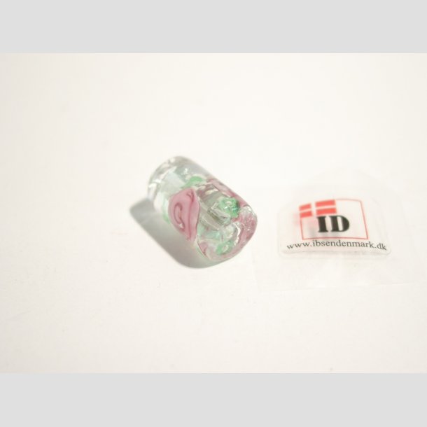 Hndlavet Glas Perle - Aflang Med Blomst Og Selvlysende - Grn - 1,8cm Perle1