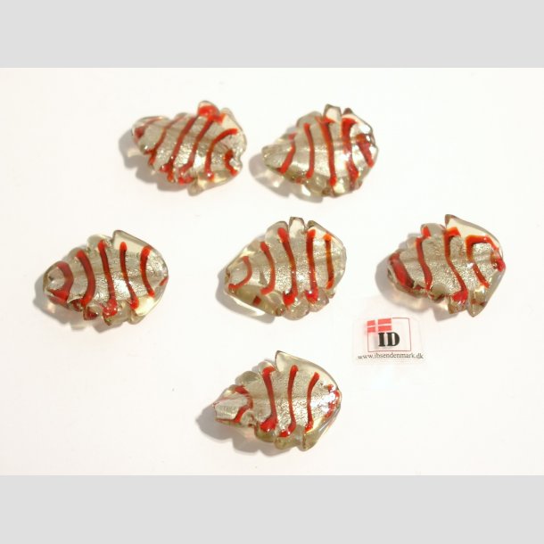 Hndlavet Glas Perle - Snoet Blad Med Rd Strib Og Slv - Brun - 3cm Perle6