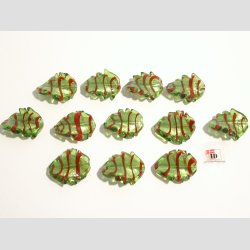 Hndlavet Glas Perle - Snoet Blad Med Rd Strib Og Slv - Grn - 3cm