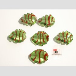 Hndlavet Glas Perle - Snoet Blad Med Rd Strib Og Slv - Grn - 3cm