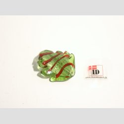 Hndlavet Glas Perle - Snoet Blad Med Rd Strib Og Slv - Grn - 3cm