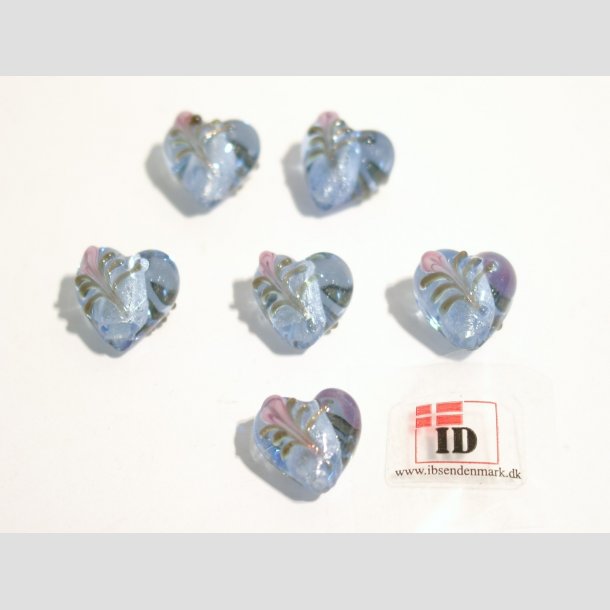 Hndlavet Glas Perle - Hjerte Med Blomst Og Slv - Bl - 1,4cm Perle6