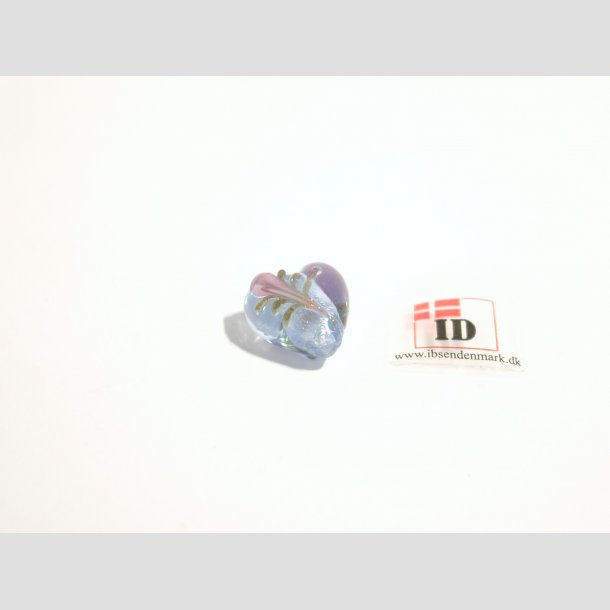 Hndlavet Glas Perle - Hjerte Med Blomst Og Slv - Bl - 1,4cm Perle1