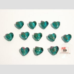 Hndlavet Glas Perle - Hjerte Med Blomst Og Slv - Turkis - 1,4cm