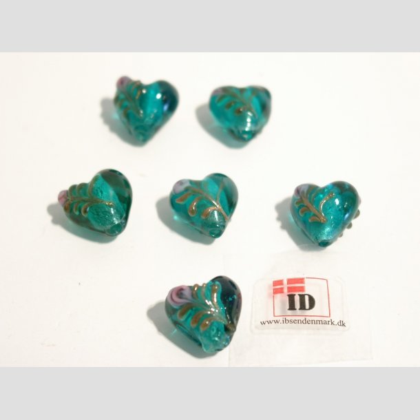 H�ndlavet Glas Perle - Hjerte Med Blomst Og S�lv - Turkis - 1,4cm Perle6