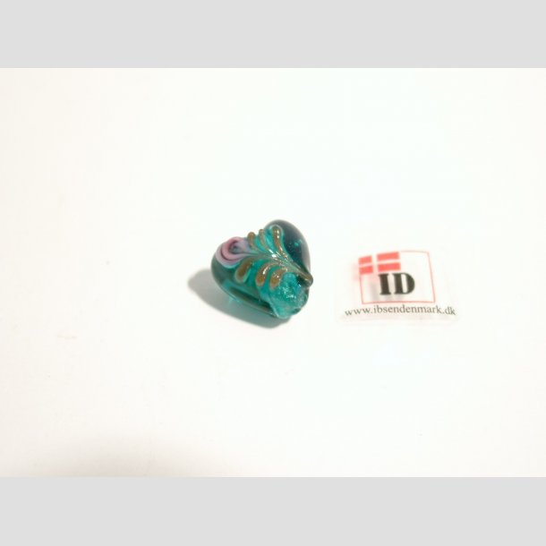 H�ndlavet Glas Perle - Hjerte Med Blomst Og S�lv - Turkis - 1,4cm Perle1