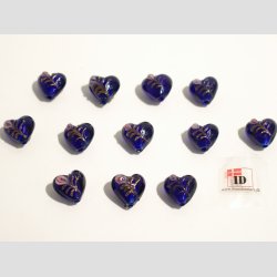 Hndlavet Glas Perle - Hjerte Med Blomst Og Slv - Mrkebl - 1,4cm