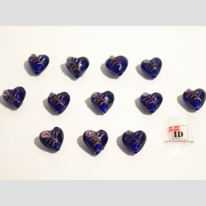 Hndlavet Glas Perle - Hjerte Med Blomst Og Slv - Mrkebl - 1,4cm