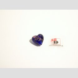 Hndlavet Glas Perle - Hjerte Med Blomst Og Slv - Mrkebl - 1,4cm