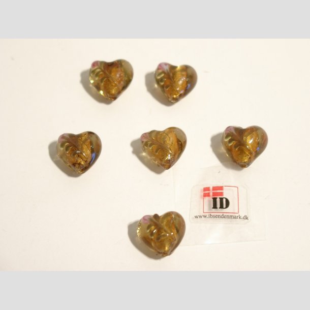 Hndlavet Glas Perle - Hjerte Med Blomst Og Slv - Ravfarve - 1,4cm Perle6