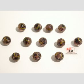 Glas Perler - Hndlavet Lilla Med Gul/Guld Striber - Rund - 1cm