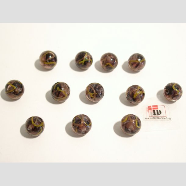 Glas Perler - Hndlavet Lilla Med Gul/Guld Striber - Rund - 1cm