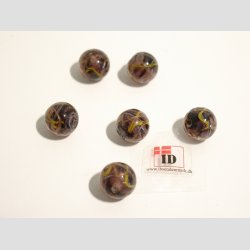 Glas Perler - Hndlavet Lilla Med Gul/Guld Striber - Rund - 1cm