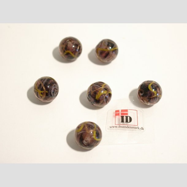 Glas Perler - Hndlavet Lilla Med Gul/Guld Striber - Rund - 1cm Perle6