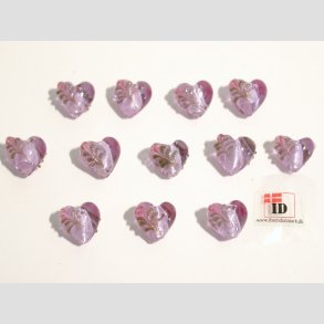 Hndlavet Glas Perle - Hjerte Med Blomst Og Slv - Lilla - 1,4cm