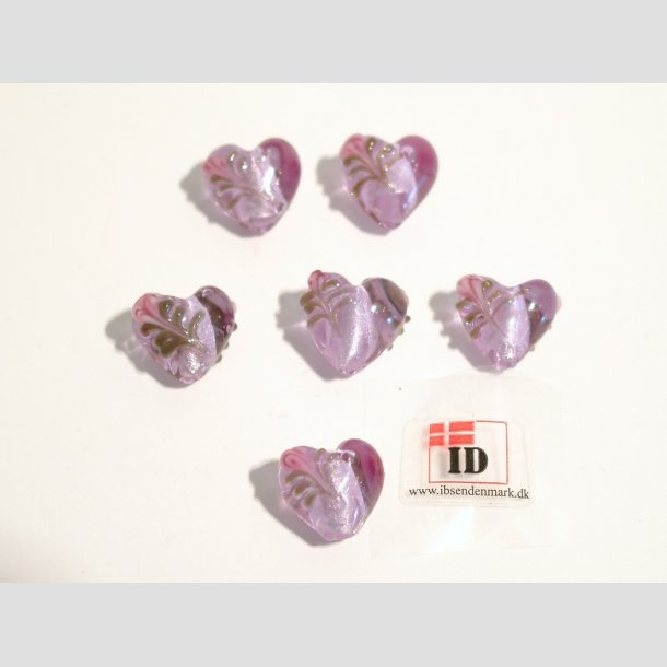 Hndlavet Glas Perle - Hjerte Med Blomst Og Slv - Lilla - 1,4cm Perle6