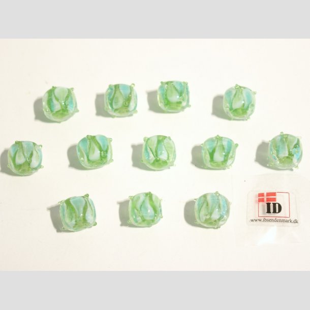 Hndlavet Glas Perle - Rund Med Prikker - Grn/Hvid/Bl - 1cm