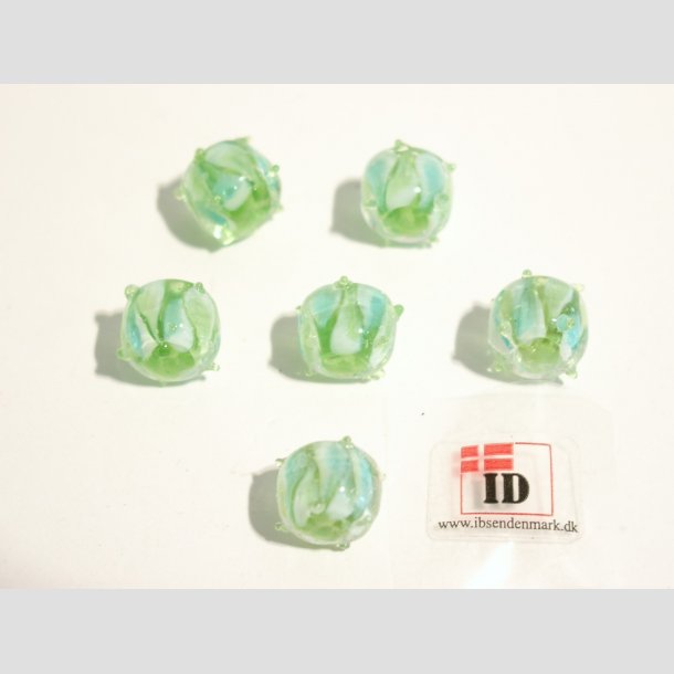 Hndlavet Glas Perle - Rund Med Prikker - Grn/Hvid/Bl - 1cm Perle6