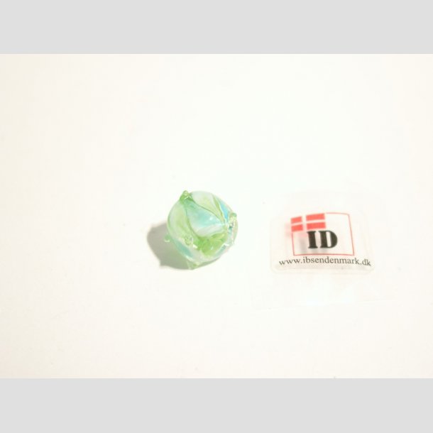 Hndlavet Glas Perle - Rund Med Prikker - Grn/Hvid/Bl - 1cm Perle1