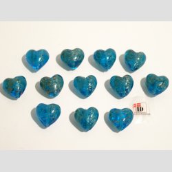 Hndlavet Glas Perle - Hjerte - Lysebl - Stor - 2cm