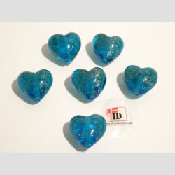 Hndlavet Glas Perle - Hjerte - Lysebl - Stor - 2cm